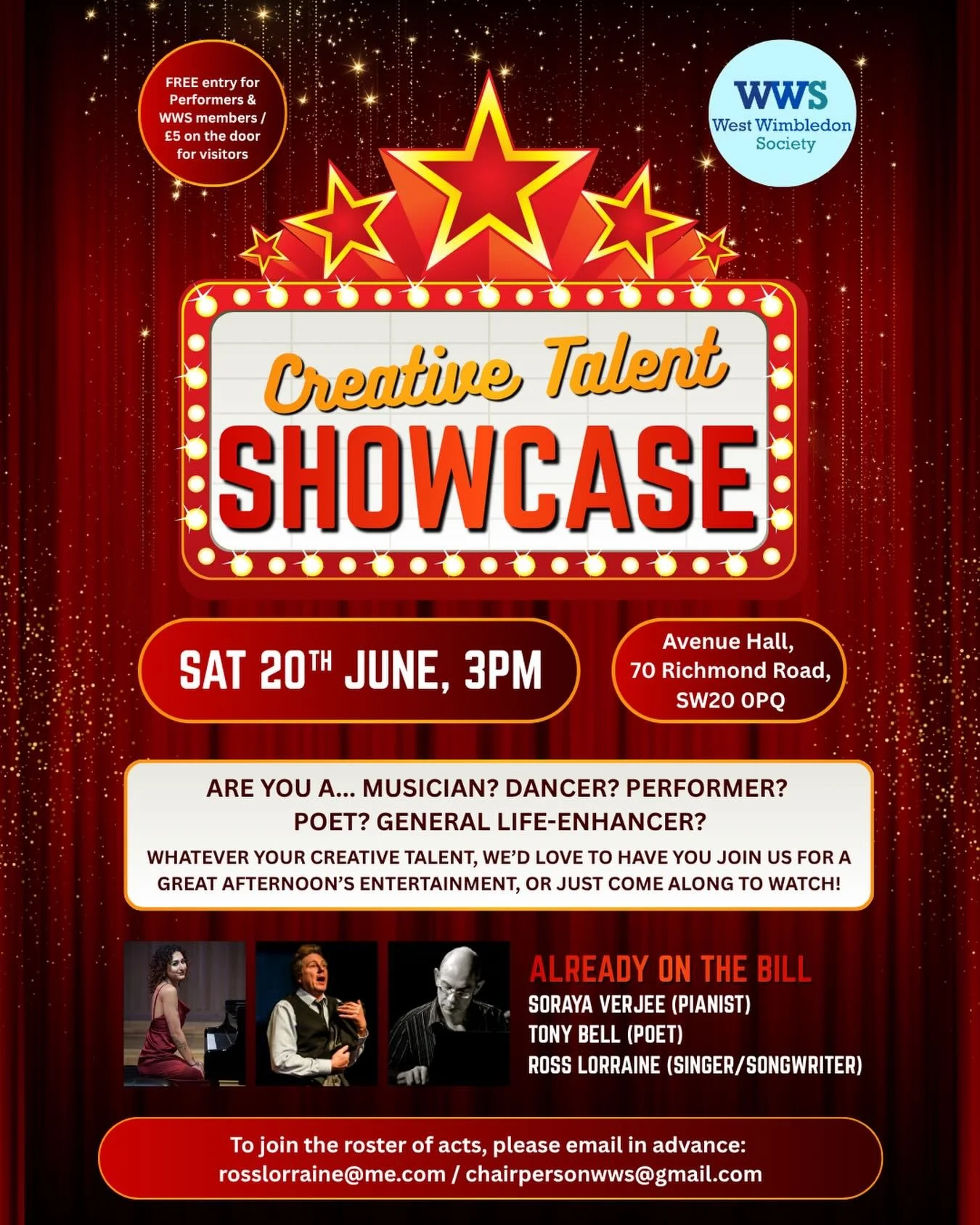 One month today, on Saturday 20th June (3pm), we will be hosting a very special afternoon at Avenue Hall: our first ever Creative Talent Showcase!!! 

And we&rsquo;d LOVE for you to get involved - either sign up as a performer (perhaps you&rsquo;re a