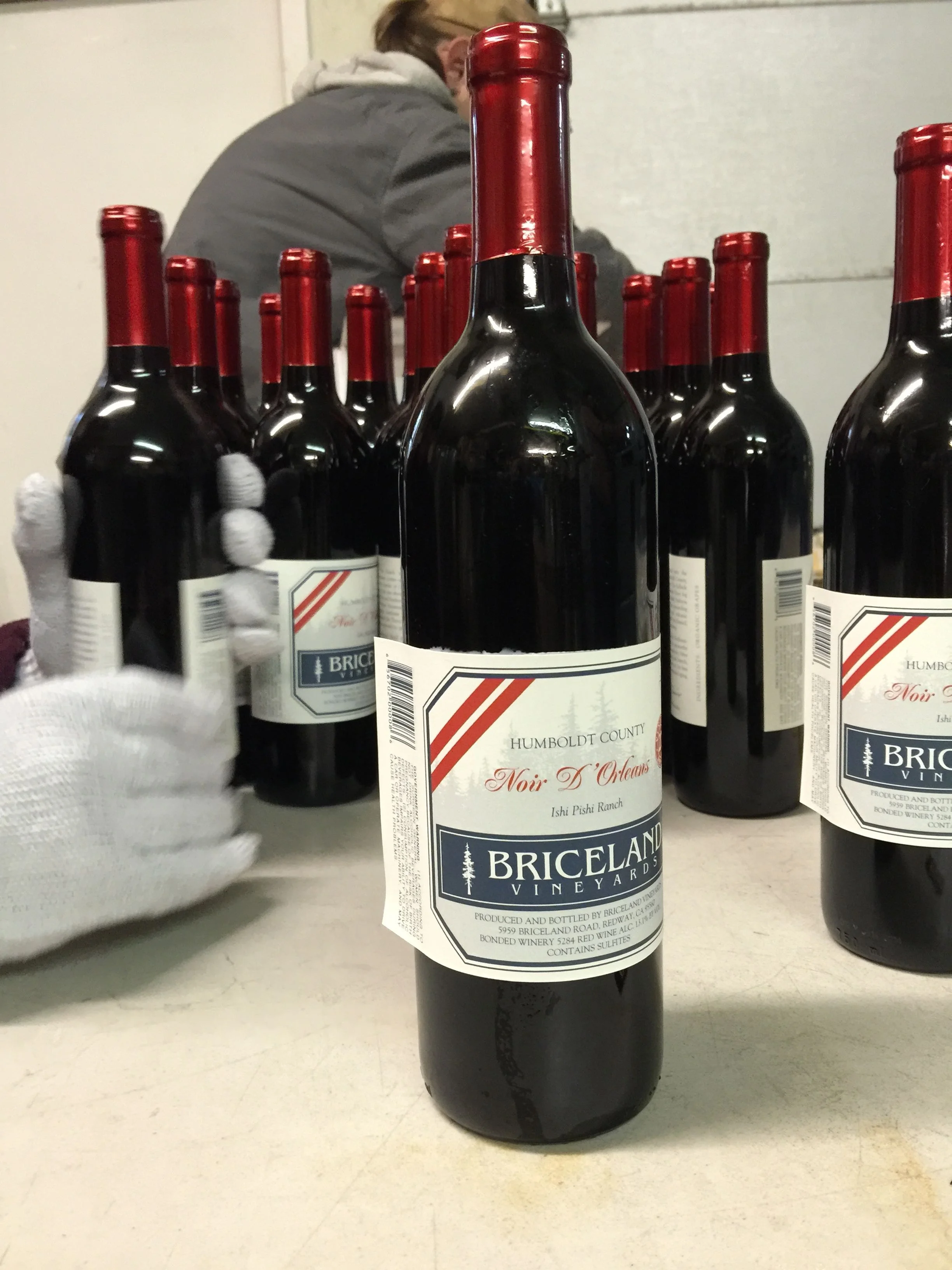 Labels being smoothed as bottles come off the line.