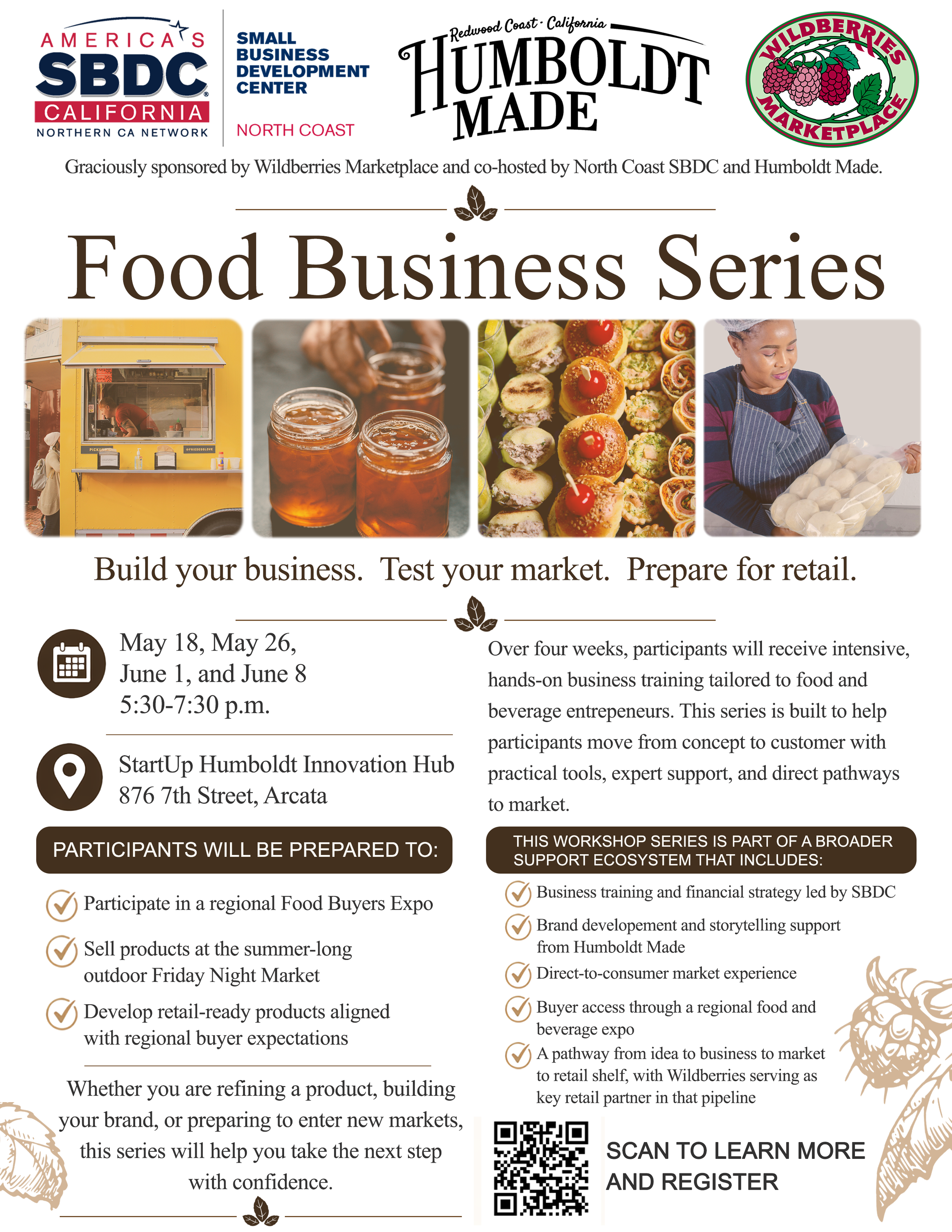Flyer for an upcoming food business series that will help educate small food and beverage business on preparing for market and retail.