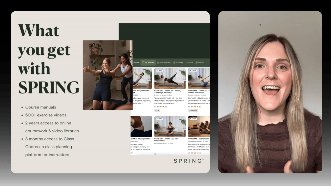 A woman with long blonde hair speaking on camera next to a presentation slide that lists the benefits of Spring, an online course platform, including course manuals, exercise videos, two years of access, and three months of instructor planning platform.