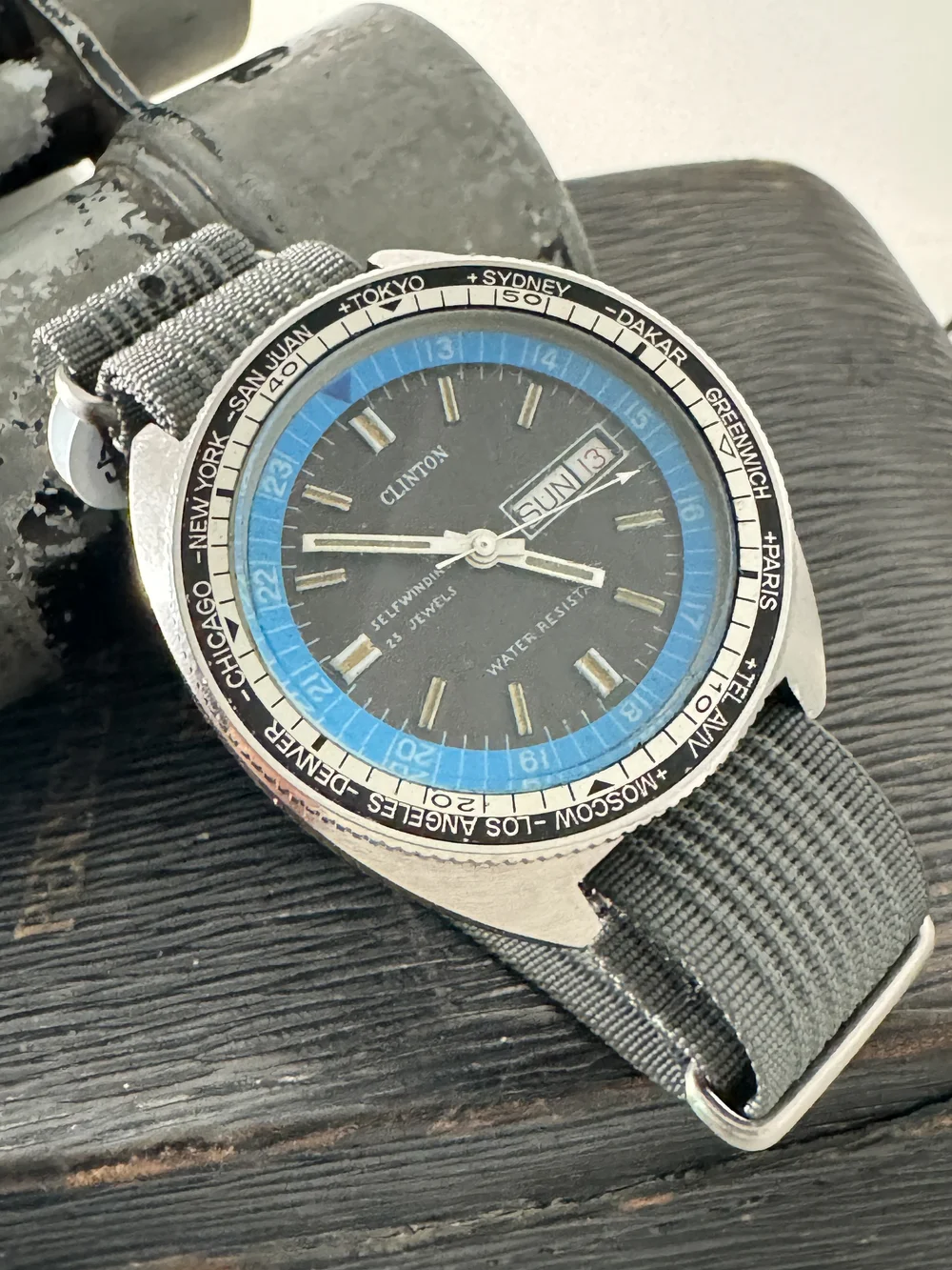 Cool Blue Swiss Clinton 100 World Time — Cool Vintage Watches