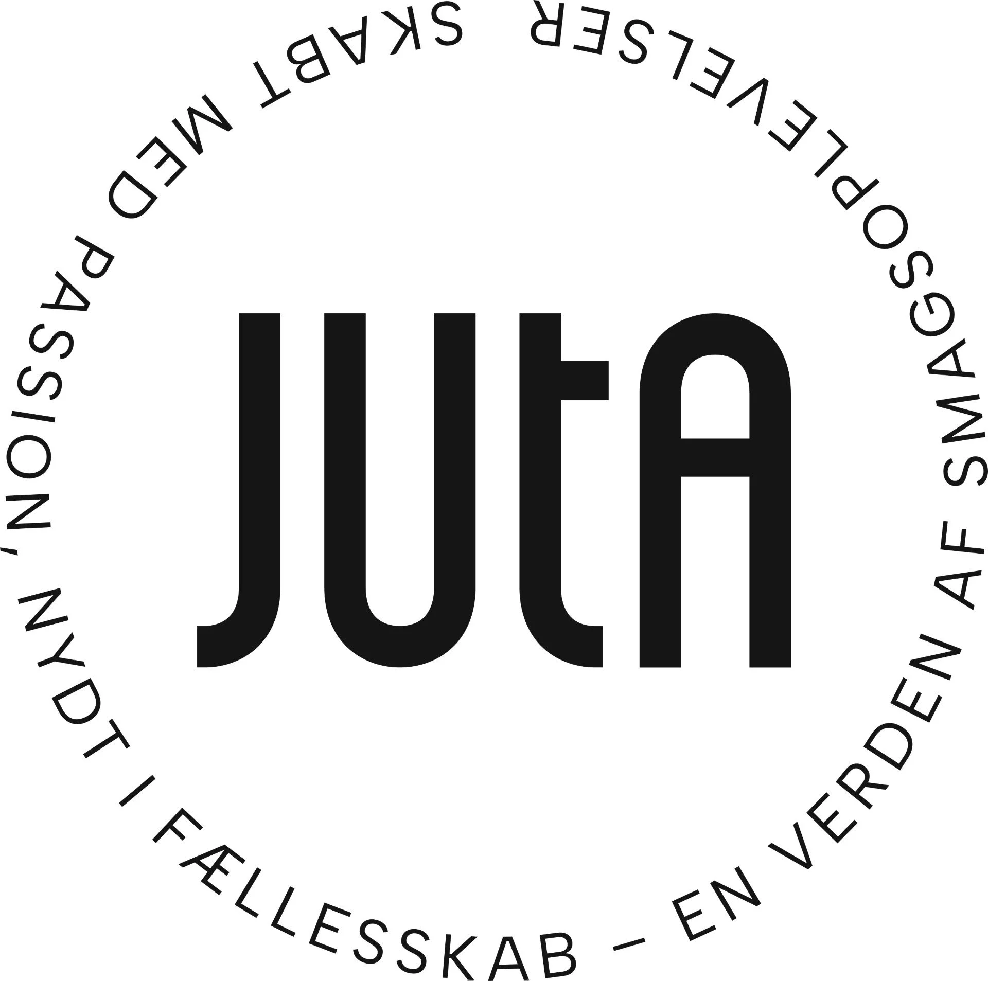 Sort logo med cirkulært tekst omkring, indholdet er ordet 'JUTA' i midten