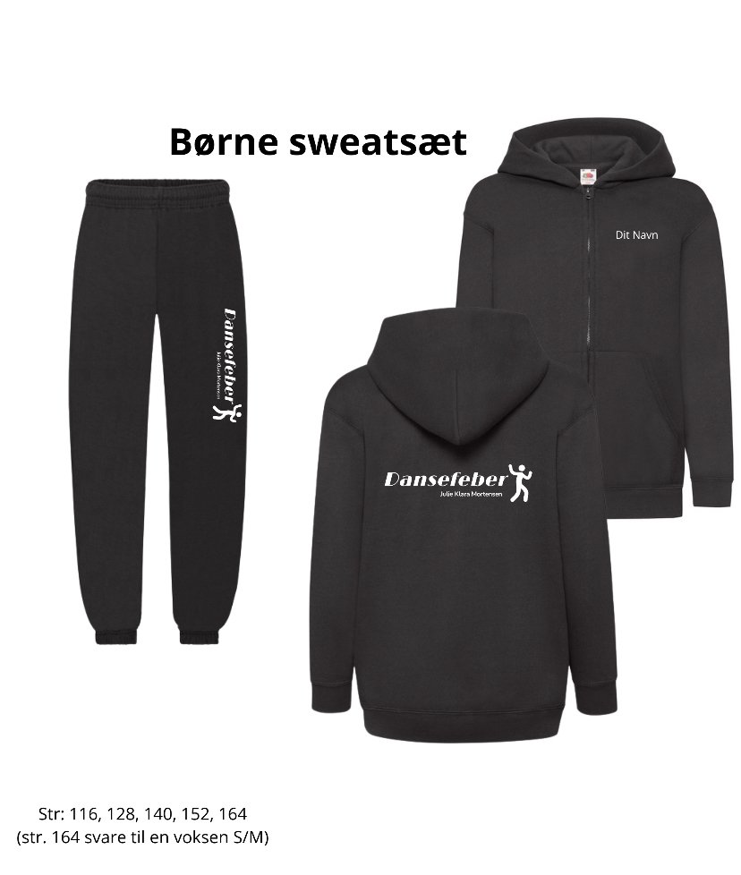 Børne sweatsæt fra Dansefeber – sort hoodie med lynlås og bukser med logo, str. 116-164