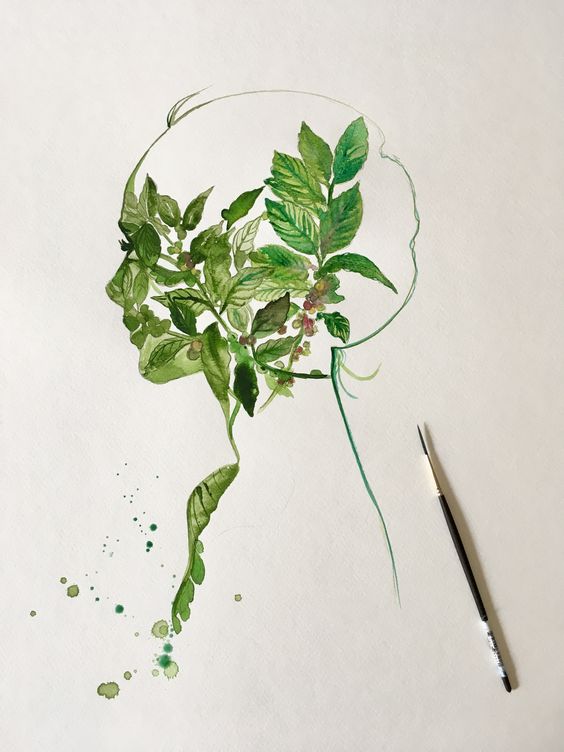 A 2nd concept for a smaller 30 x 40" painting, of coffee leaves creating a woman's portrait. 