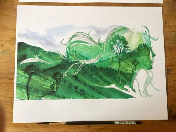 The final approved mock up design, of what will be a 7 foot long, 4 feet high painting on watercolor paper. 