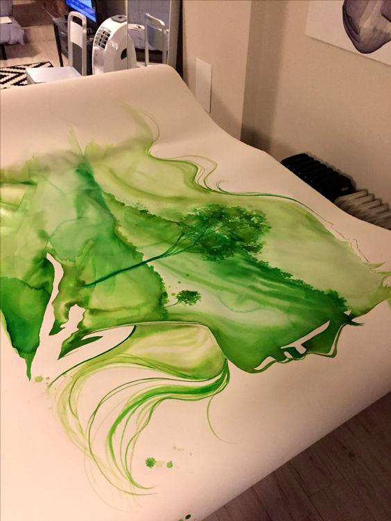 Using a mixture of greens, from an art store in NYC. 