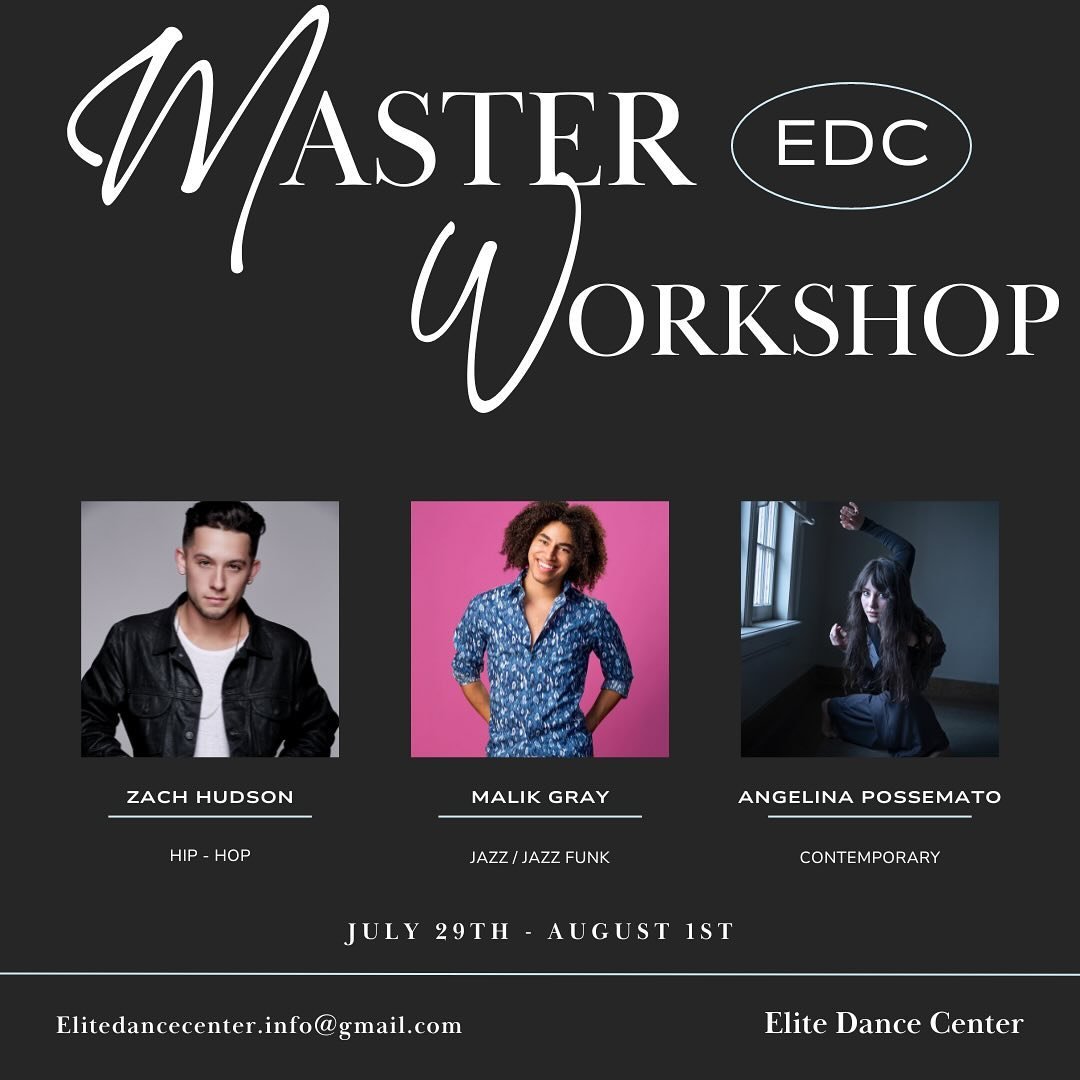 🚨 ATTN DANCERS 🚨

EDCs annual Master Workshop is HERE! Join us and spend a week with these three amazing dancers and choreographers! This is MANDATORY for all team members! We can&rsquo;t wait to dance with you 🩵

OPEN TO THE PUBLIC!

Email elited