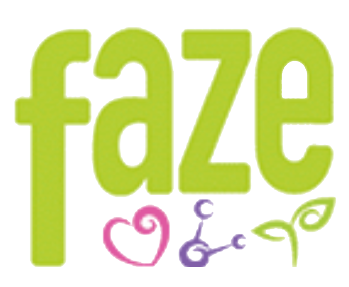 Colorful text that says 'faze' in bright green, with small decorative pink and purple hearts and swirls.