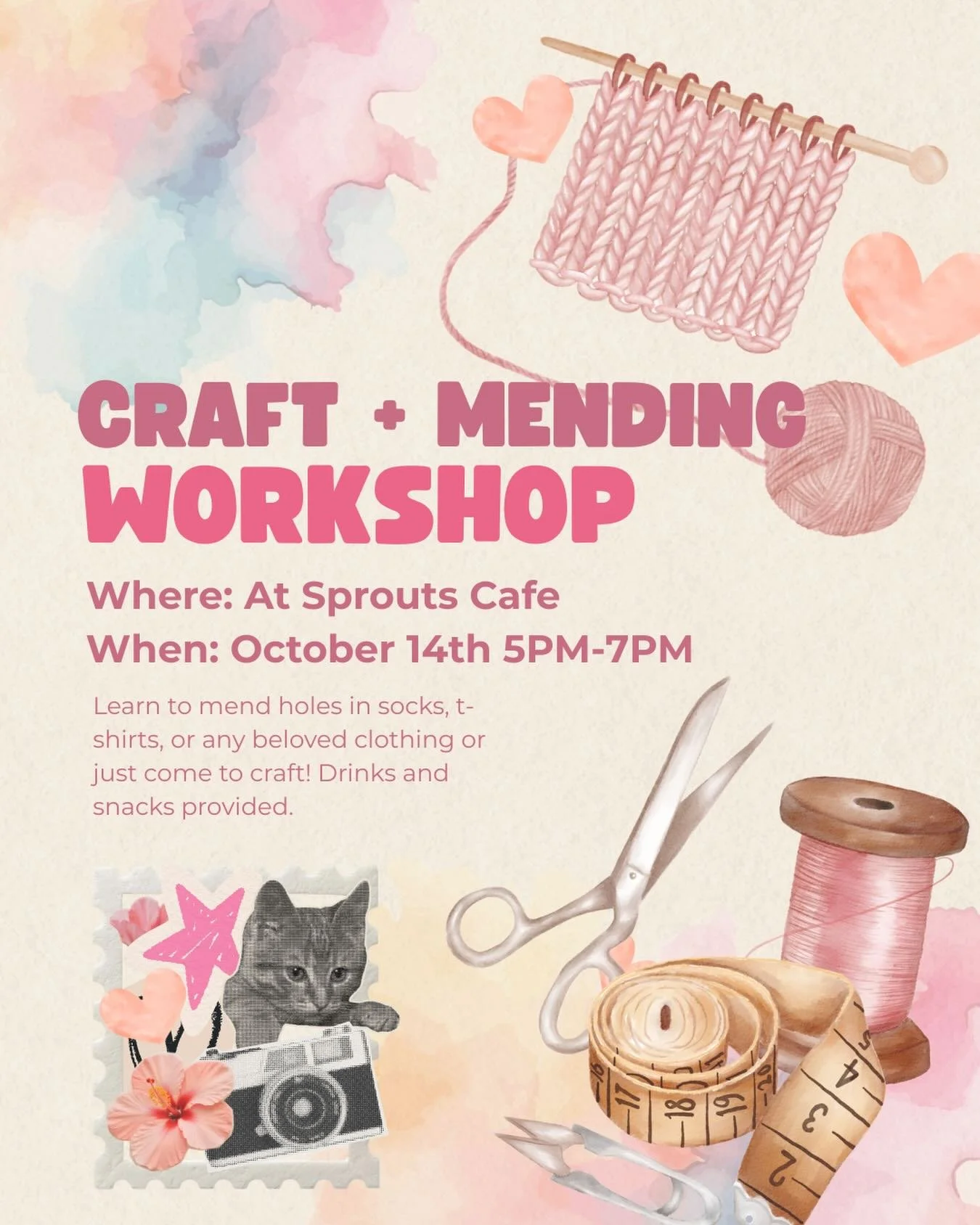 WELCOME TO SPROUTS CRAFTING AND MENDING WORKSHOP!! 🧶🪡🧵🌱🪷🪻

To kick off the opening of Sprouts, we&rsquo;re hosting a Mending + Crafting Workshop on Wednesday, October 14 from
5:00-7:00pm! We&rsquo;ll be going through steps to mend holes in sock