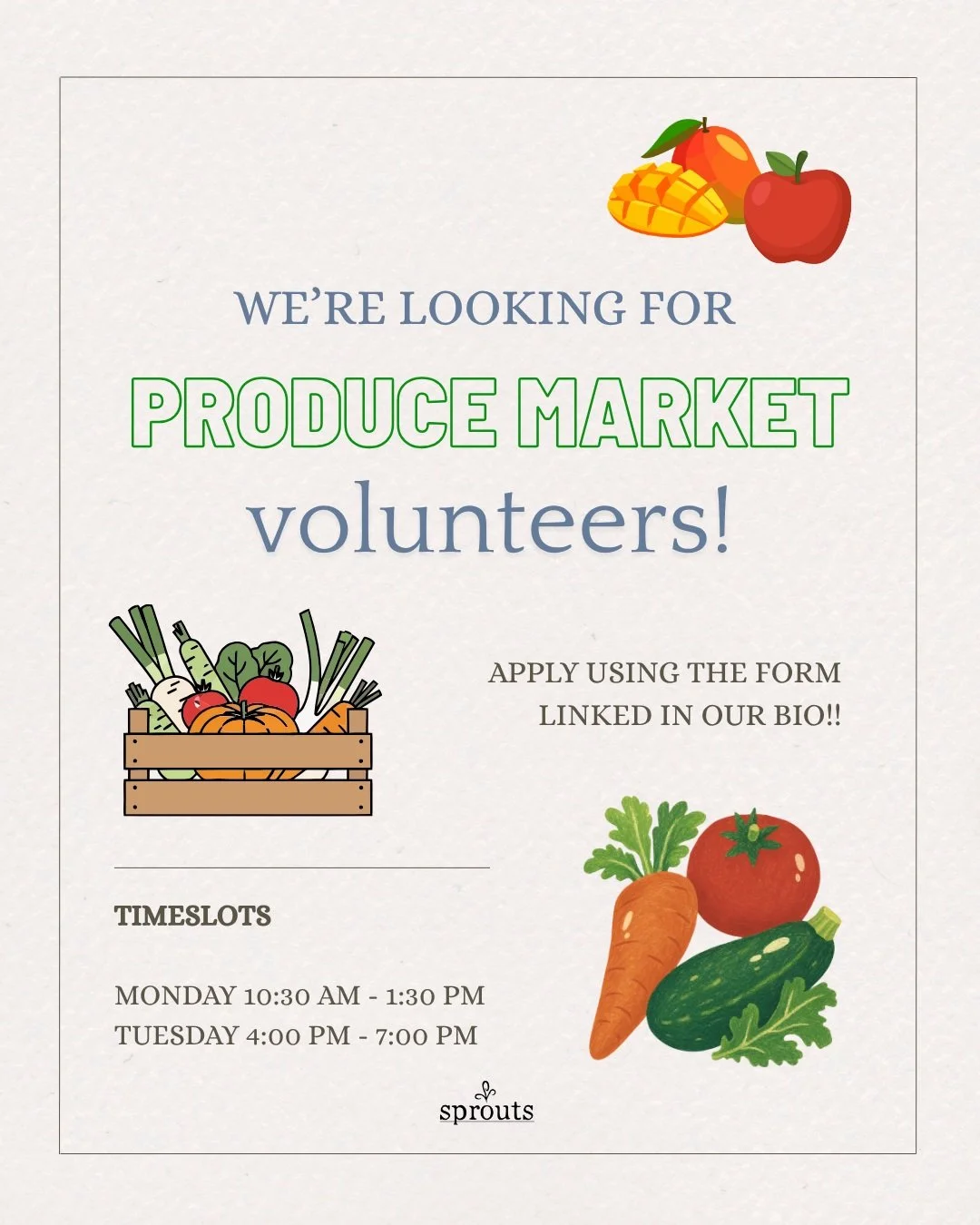 Produce Market is taking volunteers! 

Hey Sprouts friends! We&rsquo;re super excited to run our produce market initiative this year, and we&rsquo;re calling for volunteers! 🍎🥬 Our volunteer shifts for produce market will run on Mondays from 10:30A