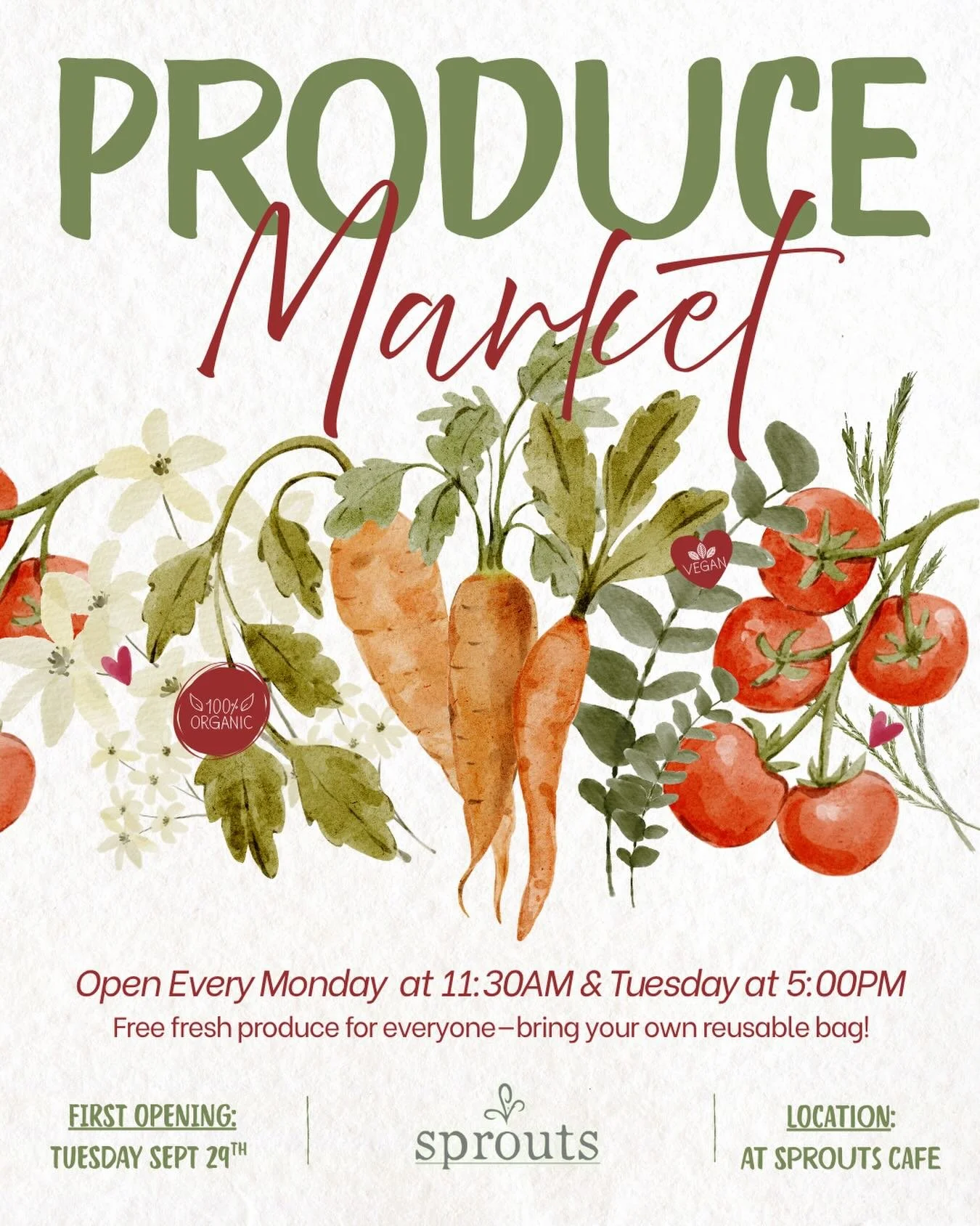 Hello Sprouts Community! 🌱 

Produce market is BACK!!! 🥔🥕

Starting on Tuesday September 29th, produce market will resume with fresh produce. (Only one produce market for this week)

Here are more details:
- Open every Monday at 11:30AM and Tuesda