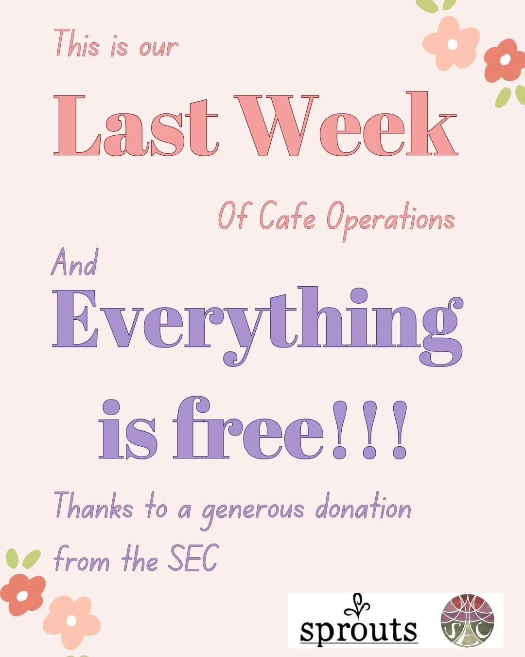 For our last week of Cafe service, @secubc has generously decided to sponsor our food costs! This means that EVERYTHING on our menu is free!

In the spirit of passing this gift forward, we will have a couple of fundraisers set up at the till and we e