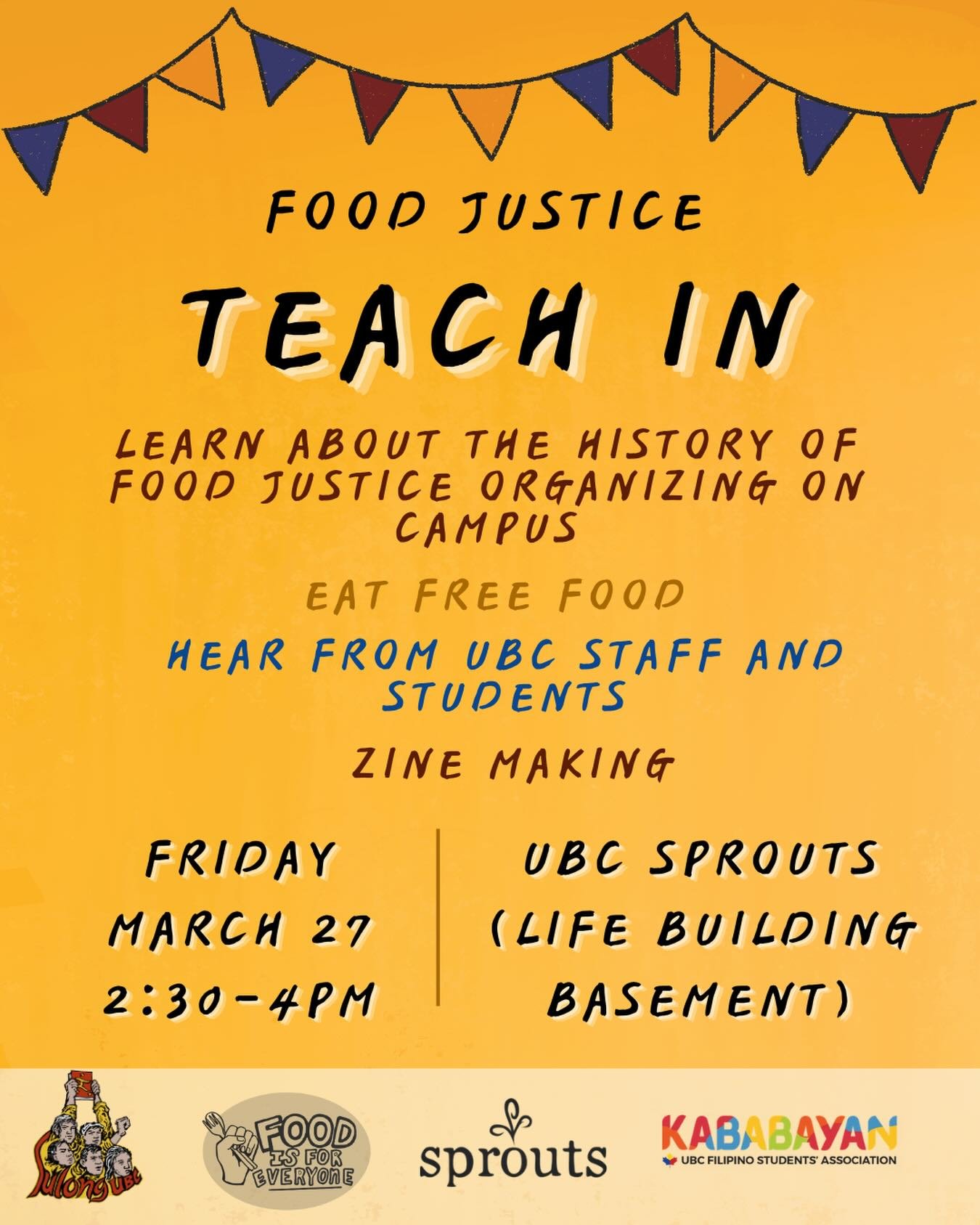 Ever wondered what food justice organizing on campus looks like?

Join us this Friday (March 27th) from 2:30-4:00pm at Sprouts for a food justice teach-in organized and hosted by @sulong.ubc @ubckaba and @ubcsprouts.

Listen to student organizers spe