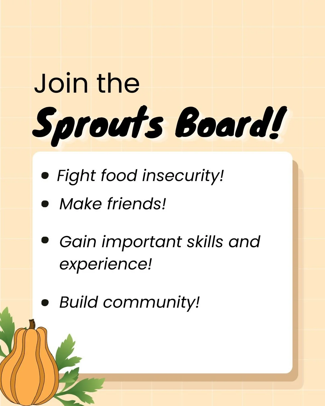 ✨🌱Join the 2026-2027 Sprouts Board!🌱✨

Calling all Sprouts Volunteers! Do you want to be more involved with Sprouts? Have ideas on how to help make Sprouts a better organization for our community? If you have volunteered with Sprouts before, you ar