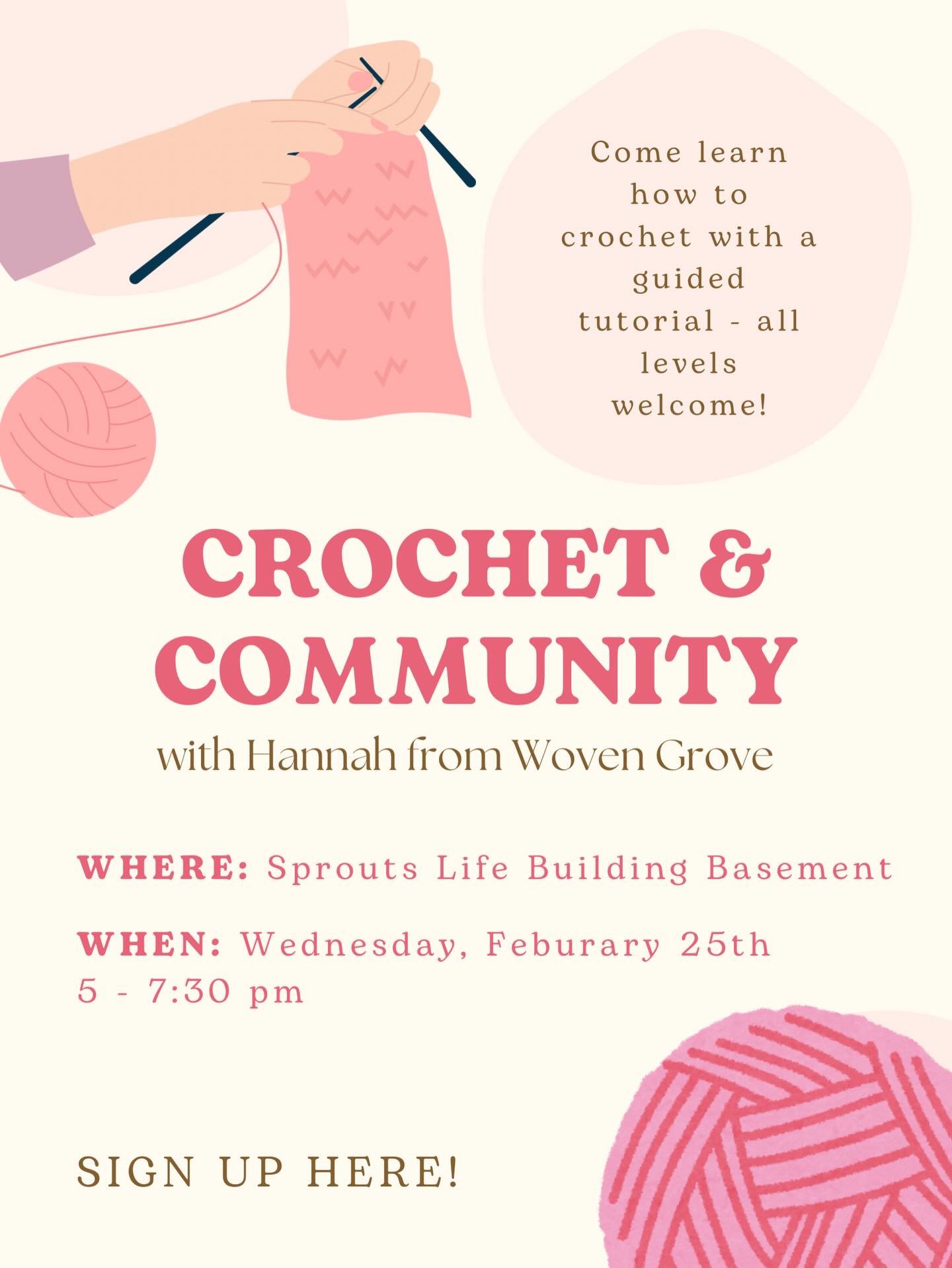 Want to pick up a new hobby? Well here's your sign because we will be holding a how to crochet workshop, taught by Hannah from Woven Grove! 🧶✨

📅 Date: Feb 25
🕣 Time: 5 - 7:30 pm
📍Location: Sprouts Cafe (Life building basement)
🔗Sign up link in 
