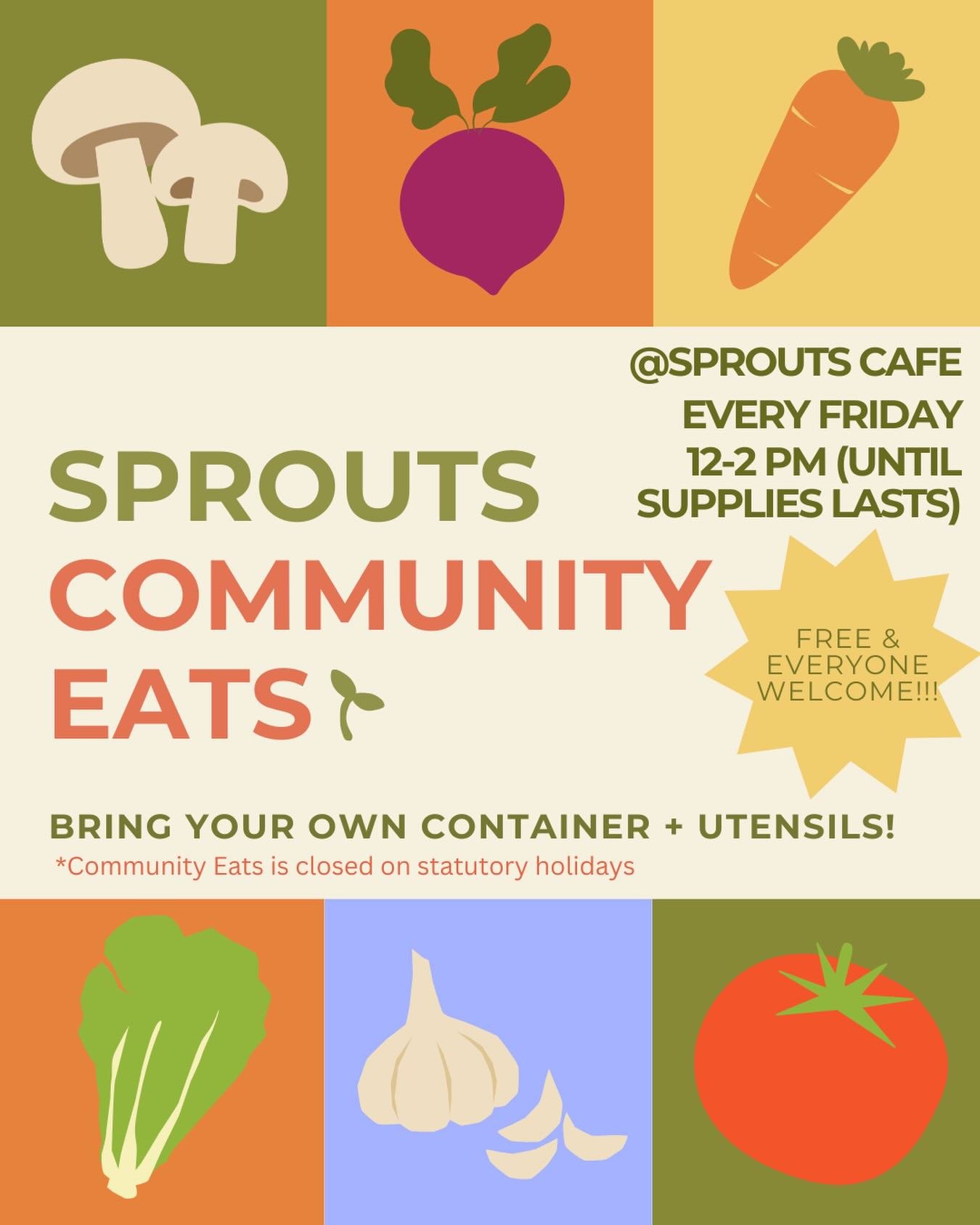 Community Eats is back for Term 2!!! 🌟🥘🌱

Starting from this Friday (Jan 23), you can swing by Sprouts for a free meal every Friday😋And don&rsquo;t forget to bring your own container and utensils!🥣🍴
We can&rsquo;t wait to see you there :)

(*Pl