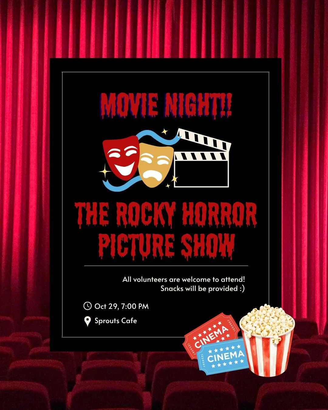 Looking for some spooky Halloween vibes? 🎃 Come to Sprouts at 7PM on the 29th for Halloween Movie Night! 🎃 We are hosting our very first volunteer social, featuring THE Rocky Horror Picture Show, and would love for our volunteers to gather and have