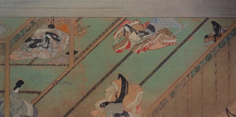 25-8 Reproduction of a woodblock print of a scene from the Tale of Genji scroll. Artist and date of printing unknown. 7 1/4 x 13 1/2 inches