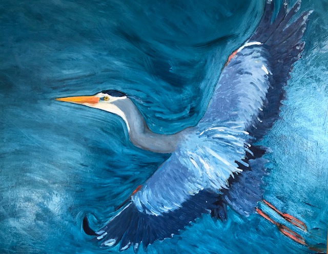 Flight: Blue Heron oil on board, 20" x 24” Celia Meade