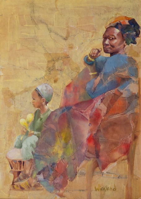 WENDY WICKLAND "Boy with a Drum" mixed media & oil, $395 (framed)