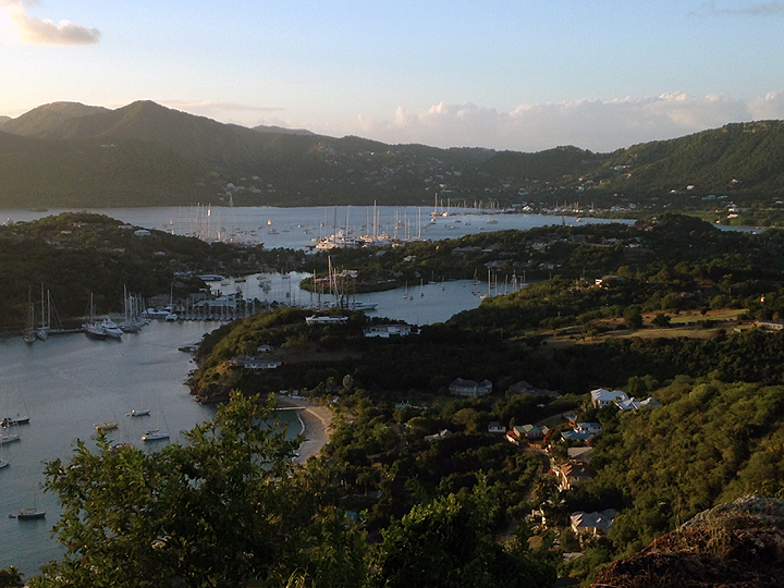 The magnificent view from Shirley Heights: English Harbor, with Nelson's Dockyard, in the foreground, and Falmouth Harbor in the background.