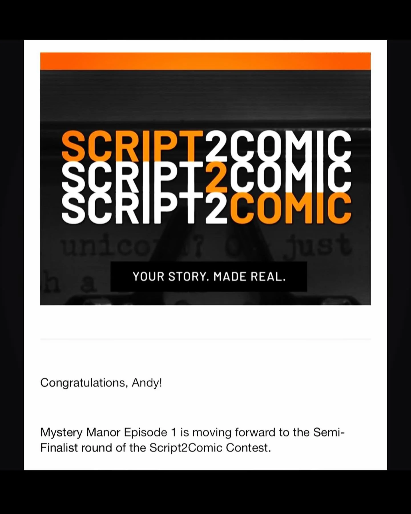 Another tiny nibble of traction for our #scifi #mystery script 🎞🖨 #thatsatypewriternotaprinter #quarterfinalist #atxwriters #atxscreenwriters #austinwriters #austinscreenwriters #script2comic