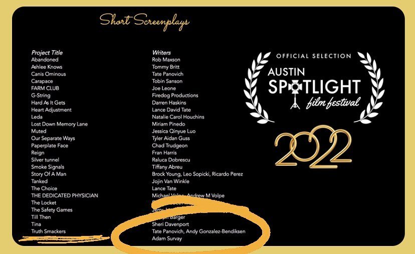 A script we co-wrote with @tateortati is an official selection for the 2022 @austinspotlight film festival! 

#superhero #political #crimecomedy #animated #screenwriting #austinscreenwriters #atxscreenwriters #austinwriters #atxwriters