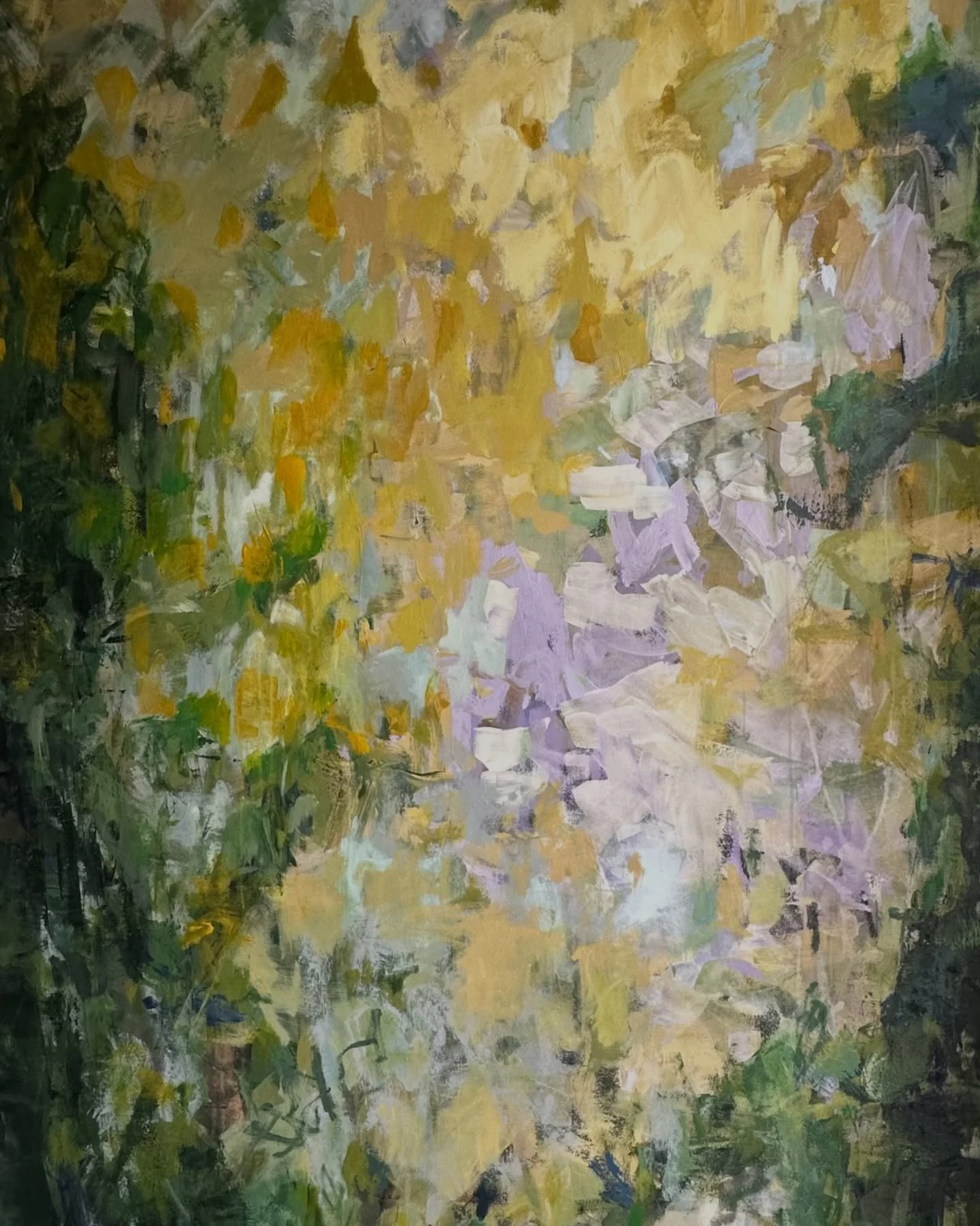 “An Enchanted Passage” was painted in layers of rich greens, muted golds, and soft violet. It began as an abstract, but somewhere in the process, it started to feel like a place you’d walk into quietly, without realizing it. 
Part