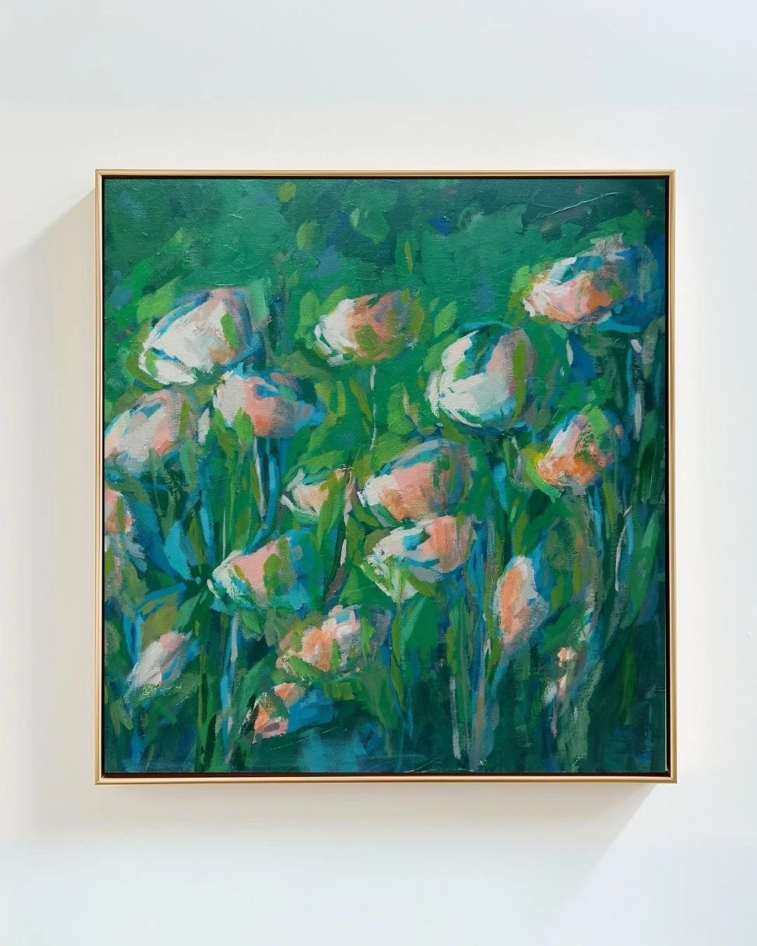 “Love Blooms Quietly” ~ It feels like these soft pink blooms keep showing up. Here there are layers of emerald green and little hints of light on delicate blooms pushing through the growth. It reminds me how growth and even love often hap