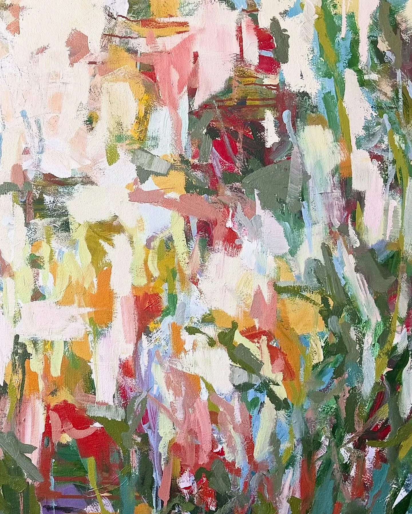 &ldquo;Confetti&rdquo; is a large-scale abstract painting that plays with movement and light. It feels like a celebration: layers of rich greens, soft white, and hints of candy-colored pinks and golds scattered through the canvas. 

It&rsquo;s one of