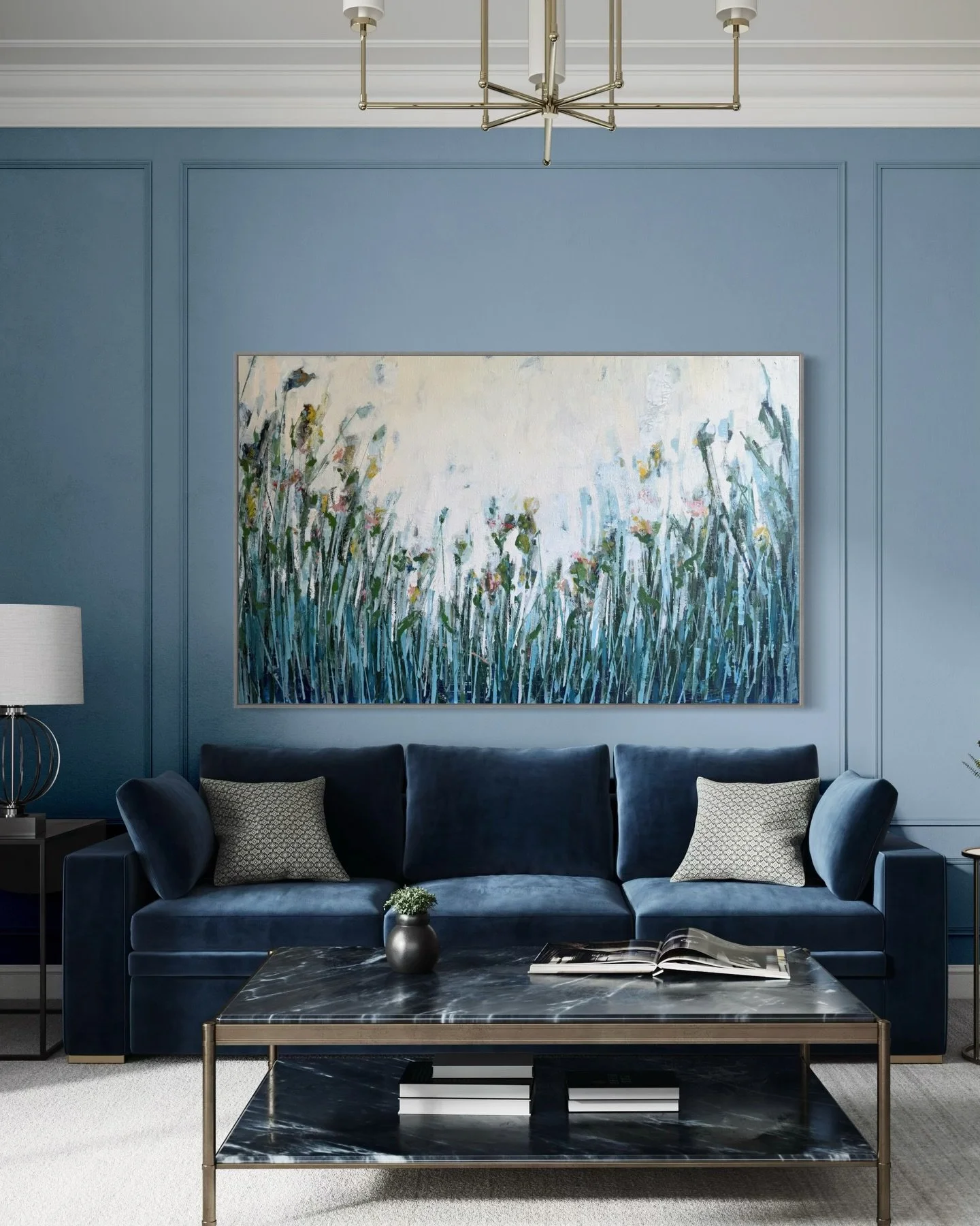 This piece feels like standing in a field of wildflowers just as the day begins. Deep blues and soft whites rise together, with little touches of pink and yellow woven through the texture. The lower half feels rooted and full of movement; the upper h