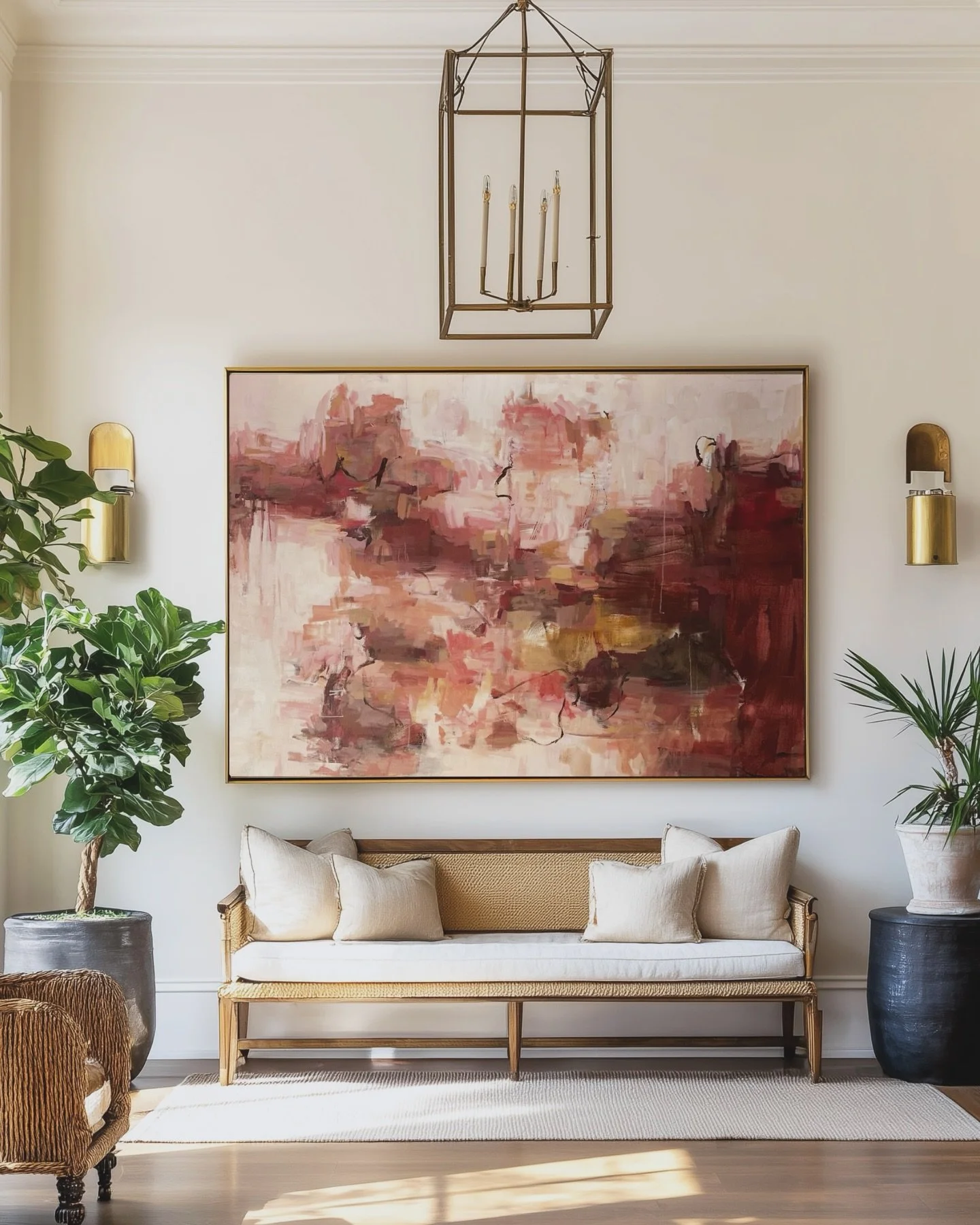 Here is closer look at &ldquo;The Gift of Presence,&rdquo; a large abstract painting in rich burgundy and soft cream, created to bring warmth, depth, and quiet drama into a space. This palette shifts beautifully throughout the day, catching light in 