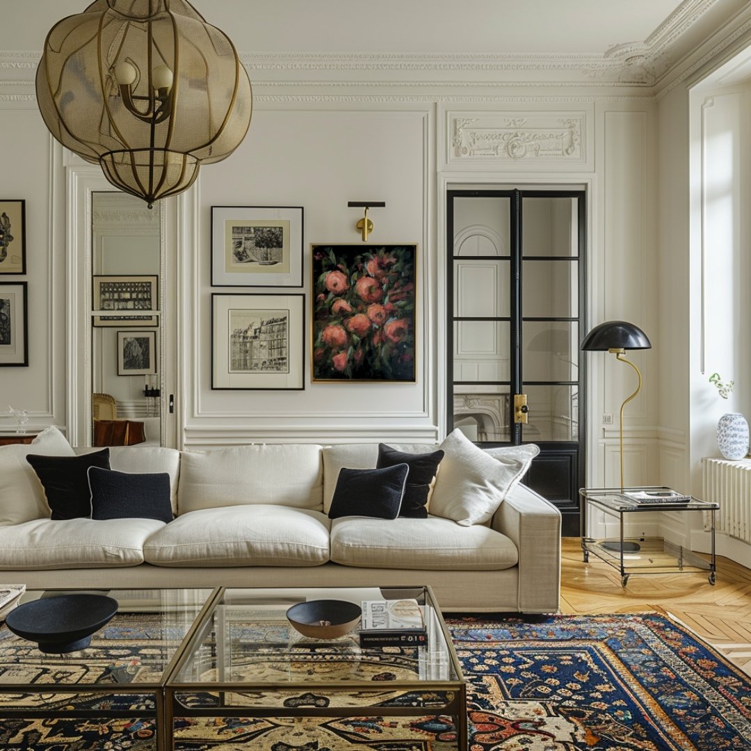 Fine French living room with midcentury modern furnishings. On the wall is an original painting by artist Laurie Buck.
