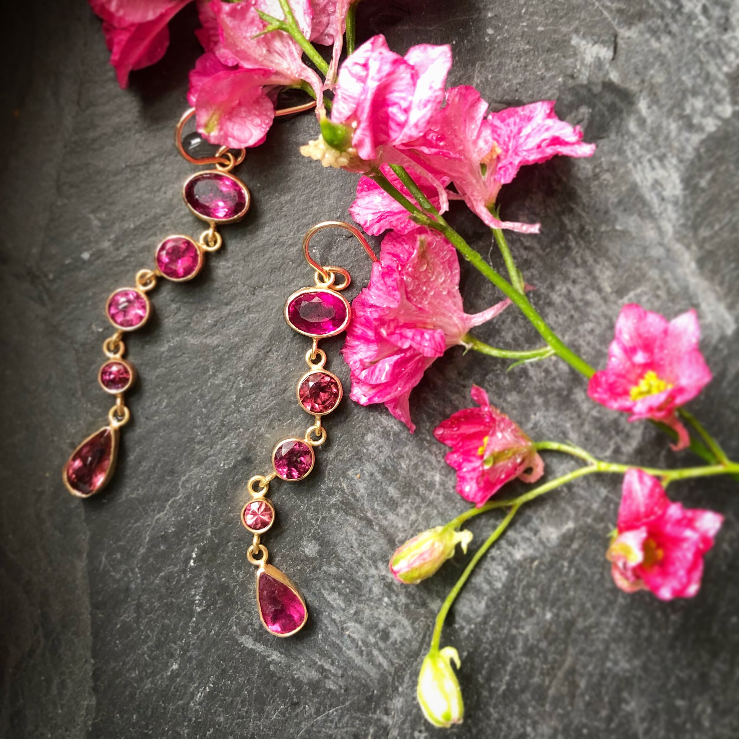 pink tourmaline long drop earrings
