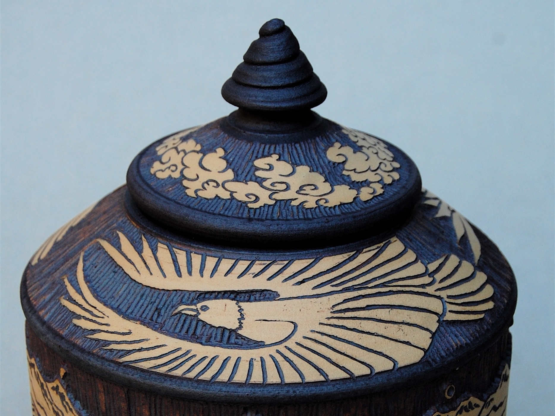 Lid-8 Carved cone lid with spiral handle