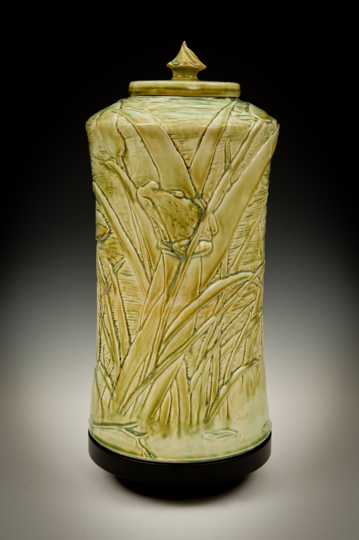  Color-10  Porcelain carved in relief and clear celadon glaze 