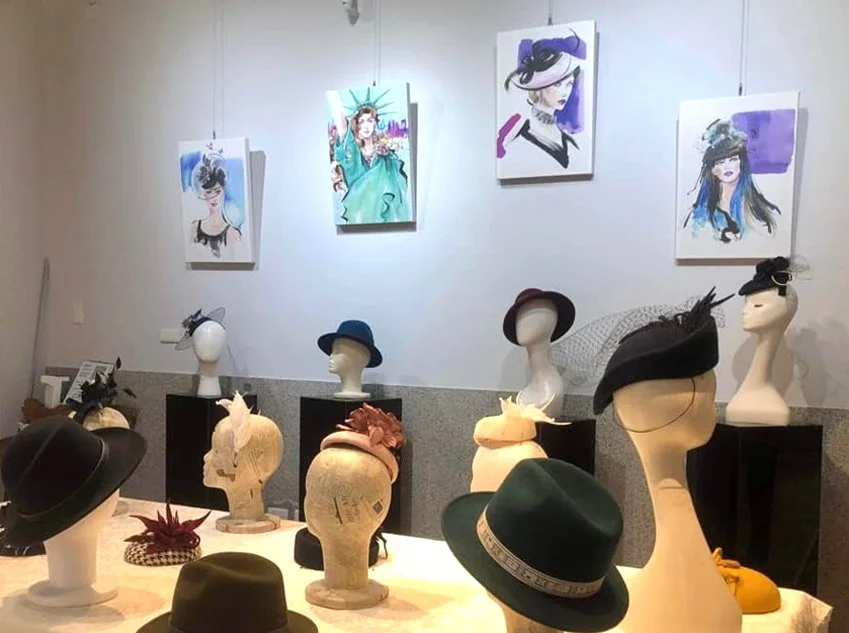  My fashion hat illustrations in “The Fusion of Eastern Culture and Western Fashion “ group exhibition in Taipei historical district.  Venue: Dongli Education College  Taipei, Taiwan  Date: 1/8/22 to 2/24/22 