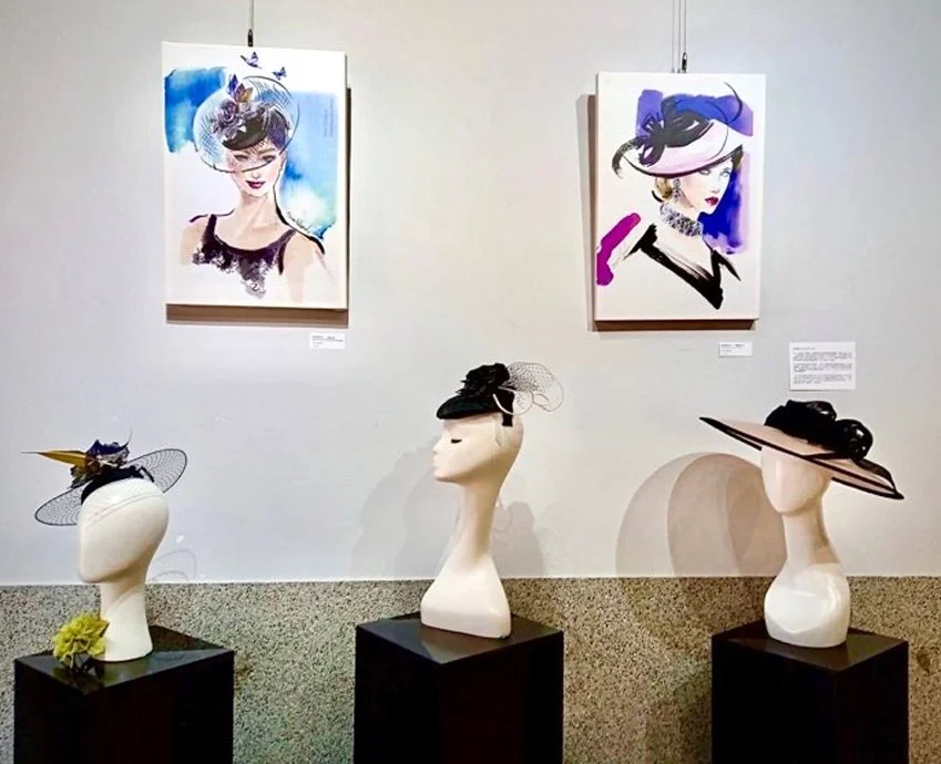  My fashion hat illustrations in “The Fusion of Eastern Culture and Western Fashion “ group exhibition in Taipei historical district.  Venue: Dongli Education College, Taipei, Taiwan  Date: 1/8/22 to 2/24/22 