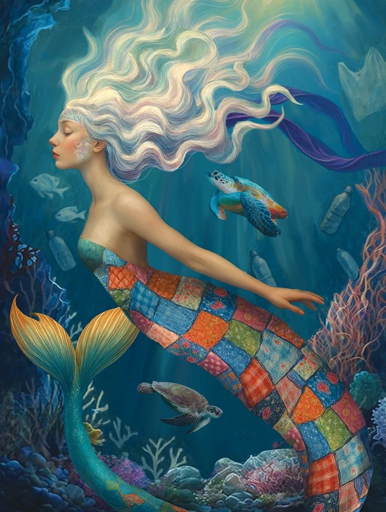 Renewed Mermaid, 2025, Photoshop with acrylic paint and Swarovski crystal embellishment, 16”×20”