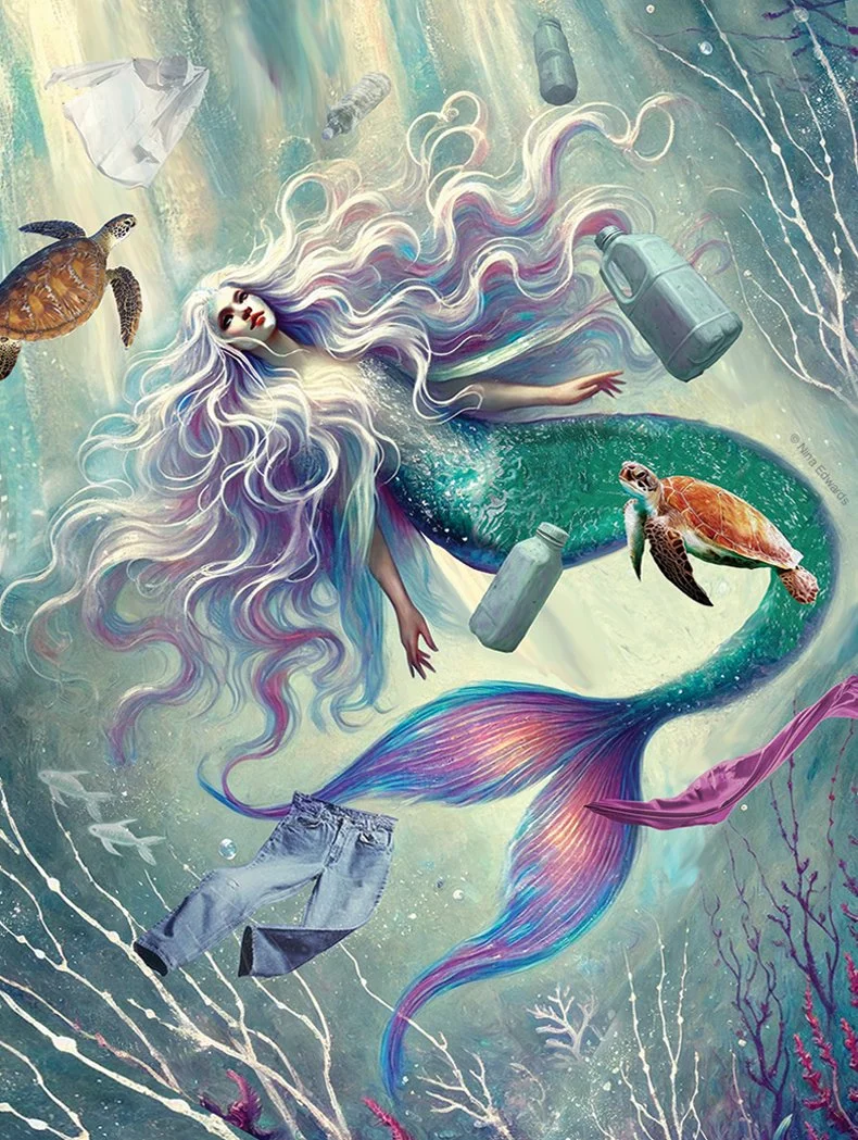 Fading Mermaid, 2025, Photoshop with acrylic paint and Swarovski crystal embellishment, 16”×20”