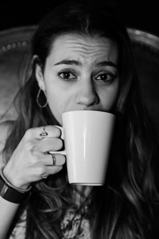 "Pic my friend and fellow comic, Maria Shehata took of me in a weird coffee shop in London. I have really big expressive eyes. My sister calls them 'Frozen eyes' cause they are cartoon big and I can't hide my emotions and its kinda what I like about this pic." / PHoto Courtesy Liz miele