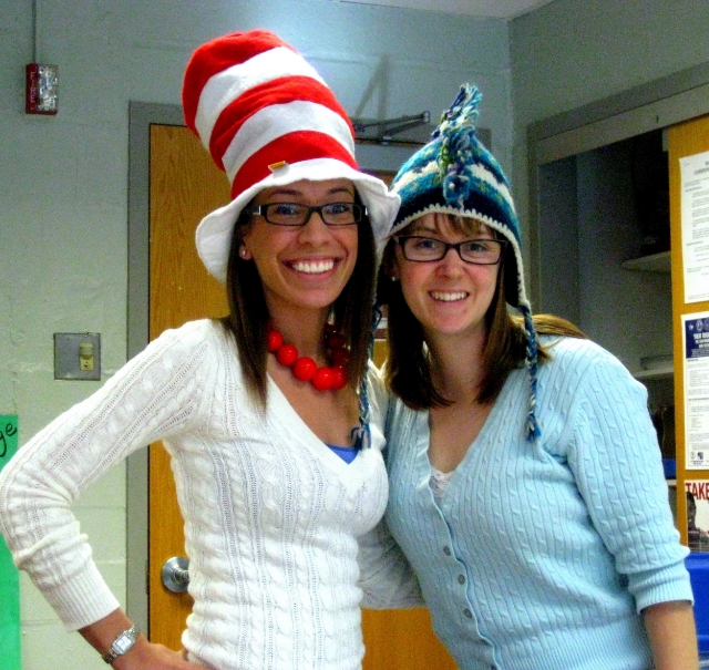 sarah enjoying crazy hat day at school with another teacher. / photo courtesy sarah romero