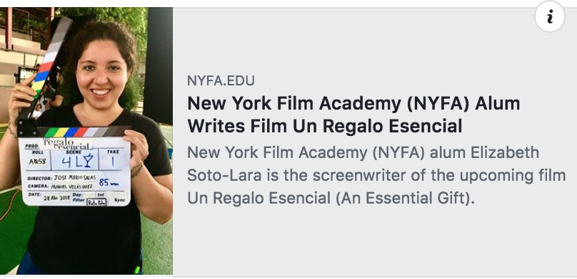 “NYFA alum Elizabeth Soto-Lara can now add a feature film to her list of screenwriting credits after finishing production on the film Un Regalo Esencial (An Essential Gift) . Not only is she the film’s screenwriter , but Soto-Lara also served on set as the First Assistant Director”.