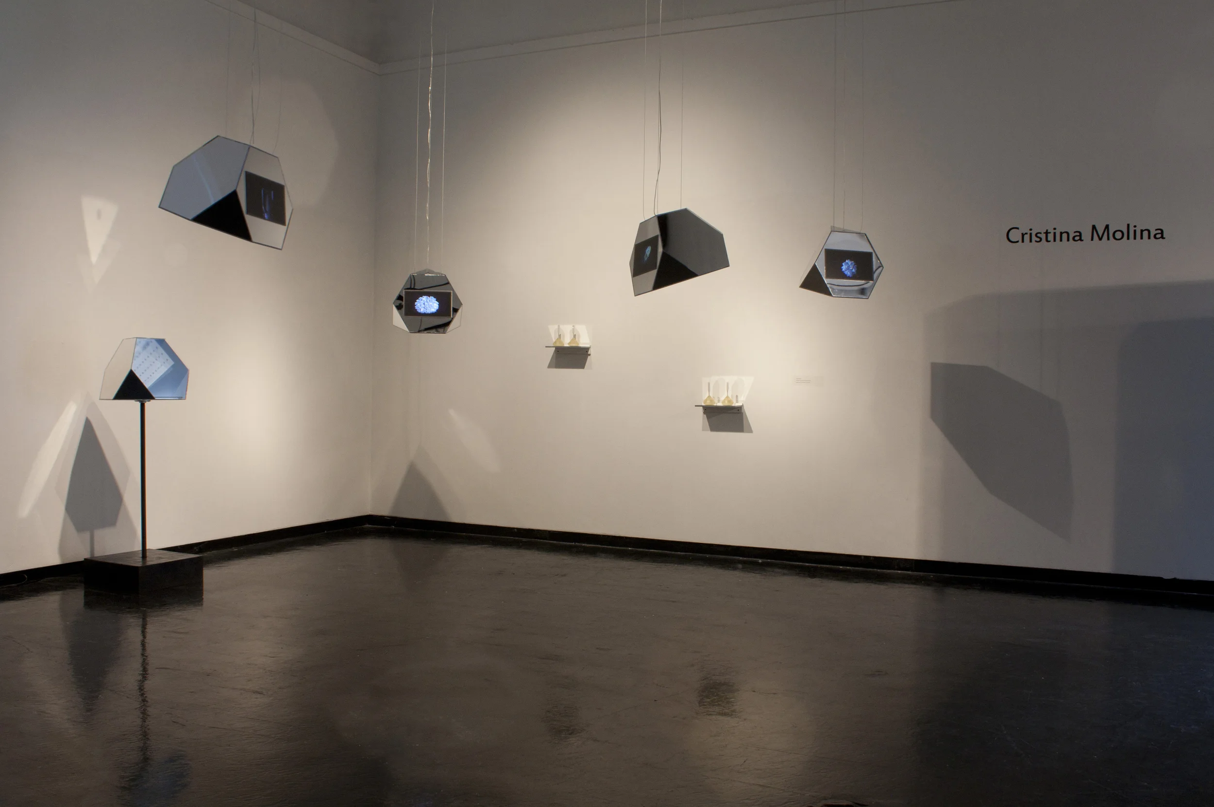 Crystal Radio , 2012-16 Interactive installation with custom denta-mandibular sound transmitting lollipops, and miniature video projections, inside of mirrored hexagonal sculptures.