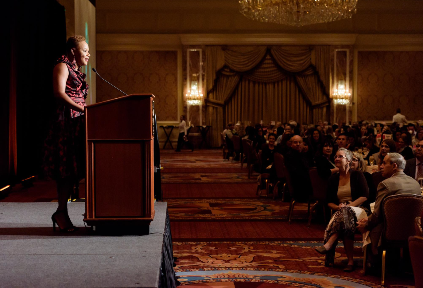 Mrs. Nedra L. Hotchkins addressing the 2016 YWCA LeaderLuncheon crowd after receiving the Outstanding Leadership Award for Racial Justice.