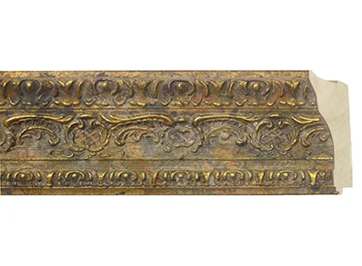  This frame has a traditional scope cut, layered with a warm patina and gold flakes burnished on ornate details.&nbsp;Moulding width 3".&nbsp;&nbsp;  Artwork protected by a white archival,&nbsp;acid-free fabric mat. Sealed by Tru-Vue® museum grade (F