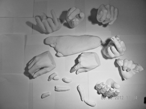 The final collection of classmates' hands, some fingers, and one foot.