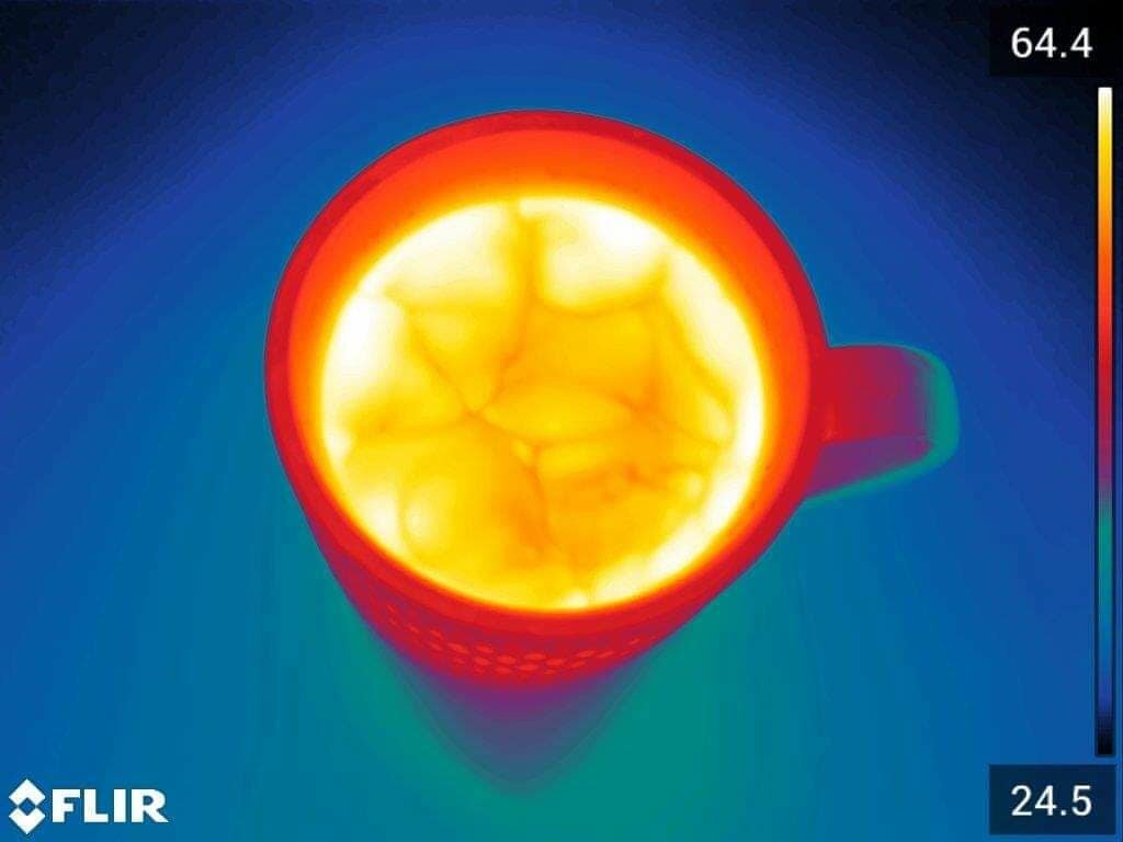 Cuppa tea anyone? 

This is how your cup of tea or coffee would look through a thermal camera with the milk stirred in. Cool right?

#thermalimaging #tea #flir #infraredcamera #infrared #thermal #temperature #infraredcamera #photography #funwithflir 