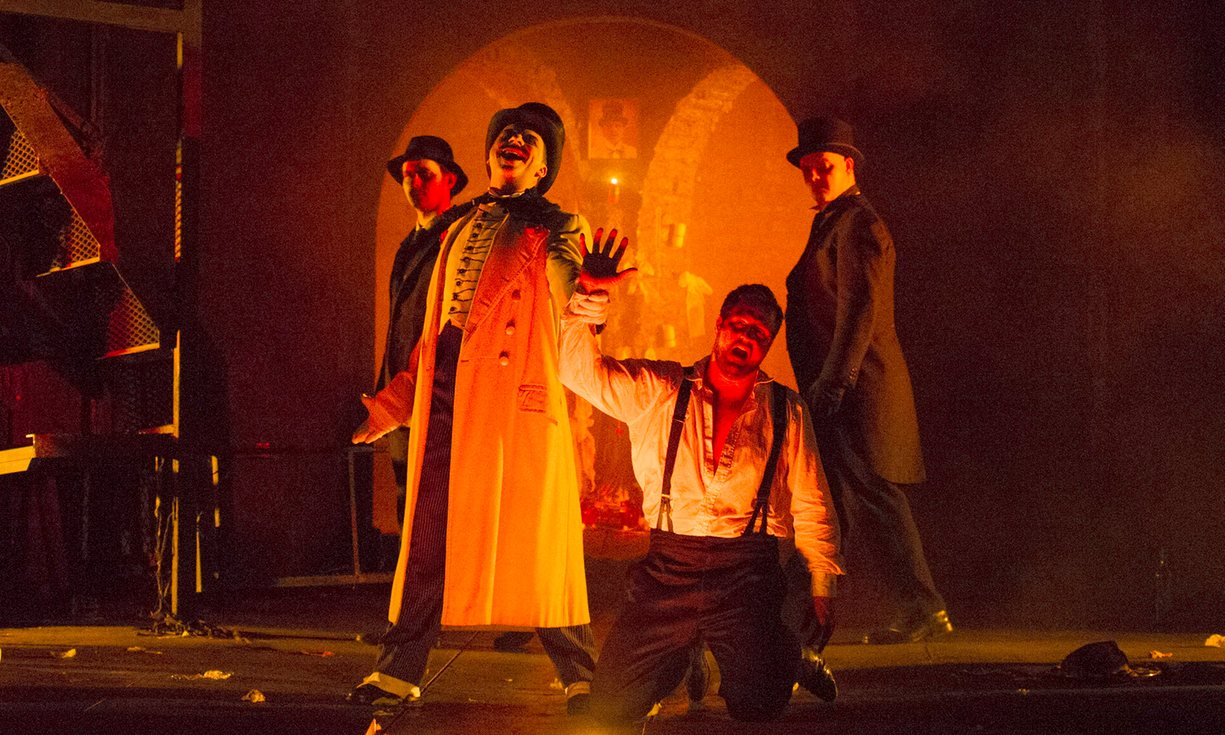  Going down … Tim Dawkins and George von Bergen (front, in the title role) in English Touring Opera’s Don Giovanni. Photograph: Richard Hubert Smith