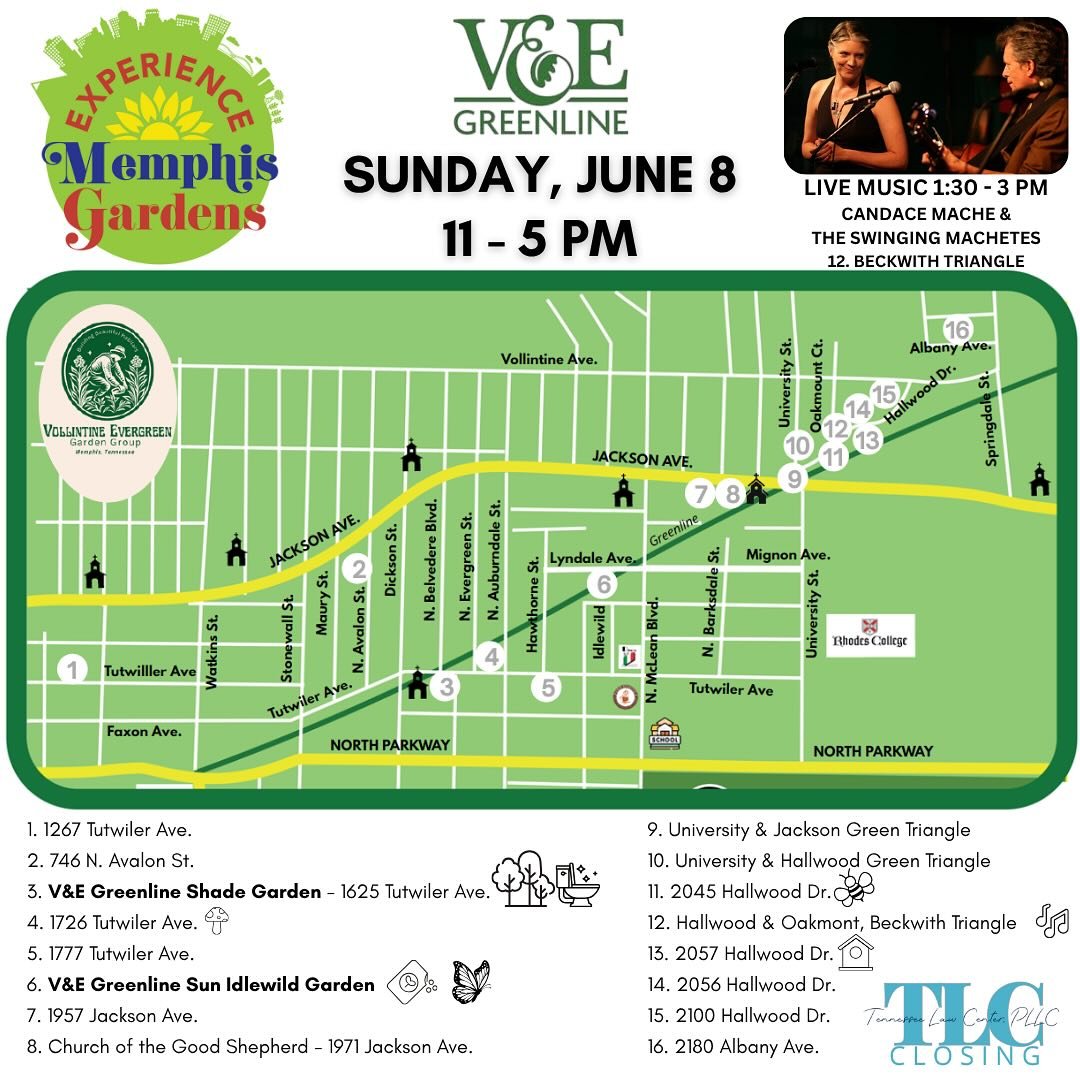 🌿 Experience Memphis Gardens Tour | Sunday, June 8 🌿

The V&amp;E Greenline is proud to be TWO of the featured stops on this year&rsquo;s Experience Memphis Gardens Tour this Sunday, June 8!

Join us from 11-5 pm to explore the beauty growing right